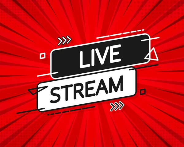 Logo live stream elemento di design vettoriale rosso con pulsante di riproduzione per notizie e TV o trasmissione online — Vettoriale Stock