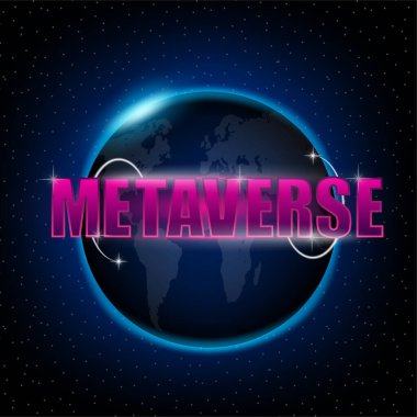 Metaverse teknoloji konsepti. Dijital uzay. Sanal gerçeklik. 3 boyutlu vektör. Dünya haritası.