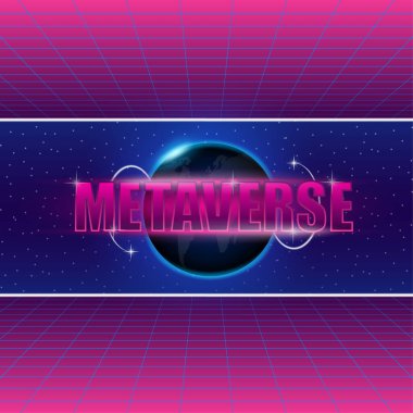 Metaverse teknoloji konsepti. Dijital uzay. Sanal gerçeklik. 3 boyutlu vektör. Dünya haritası.