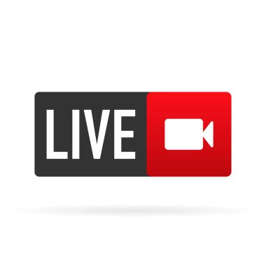 Canlı logo simgesi. Haber ve TV veya çevrimiçi yayın için çalma düğmesi olan kırmızı vektör tasarım ögesi