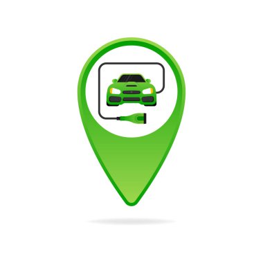 Beyaz arka planda elektrikli araba ve elektrik şarj istasyonu sembolü var. Vektör illüstrasyonu