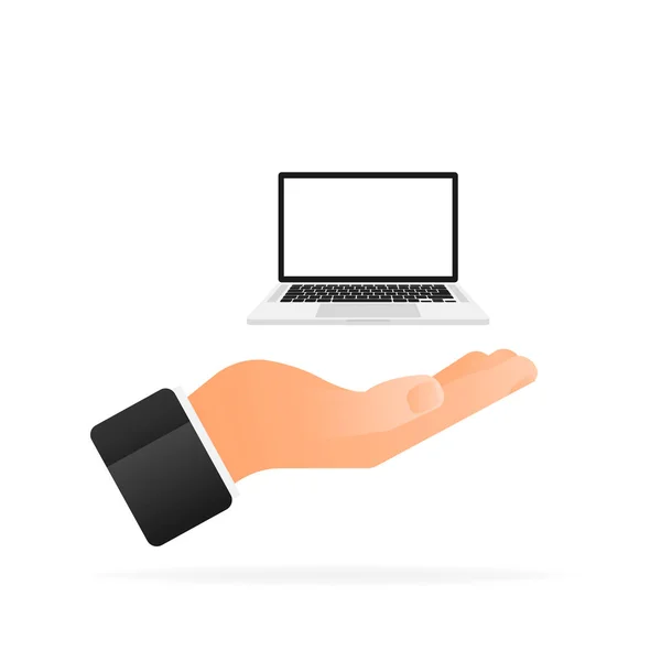 Плоский ноутбук в руке для дизайна веб-сайта. Athom mock up laptop, отличный дизайн для любых целей — стоковый вектор