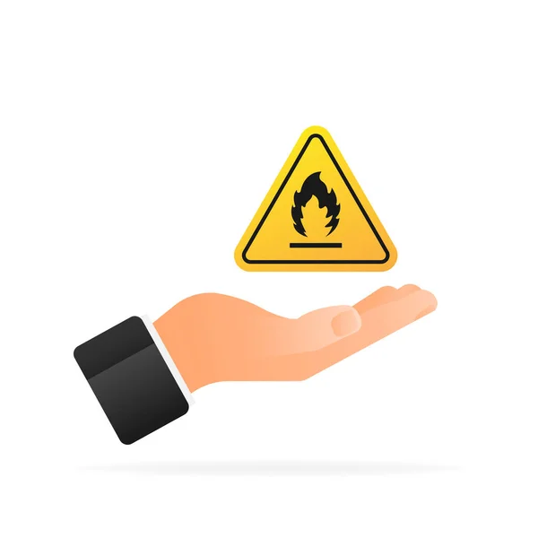 Icône de danger de flamme en main. Illustration jaune sur fond blanc. Illustration vectorielle — Image vectorielle