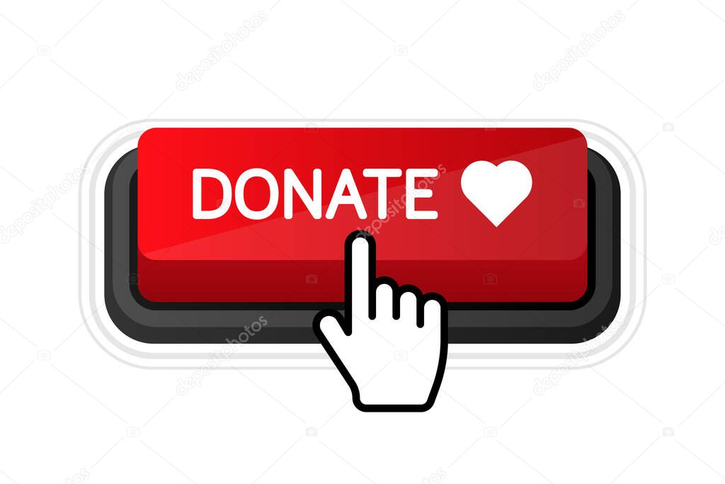Donate heart red button in flat style. Vector flat illustration.