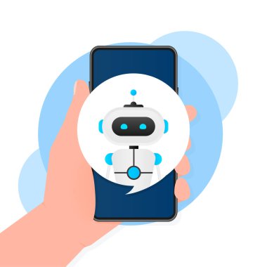 Chatbot simgesi konsepti, sohbet robotu ya da geveze robot. Web sitesinin ya da mobil uygulamaların robot sanal yardımı. Vektör illüstrasyonu
