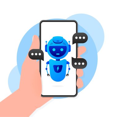 Chatbot simgesi konsepti, sohbet robotu ya da geveze robot. Web sitesinin ya da mobil uygulamaların robot sanal yardımı. Vektör illüstrasyonu