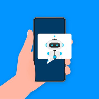 Chatbot simgesi konsepti, sohbet robotu ya da geveze robot. Web sitesinin ya da mobil uygulamaların robot sanal yardımı. Vektör illüstrasyonu