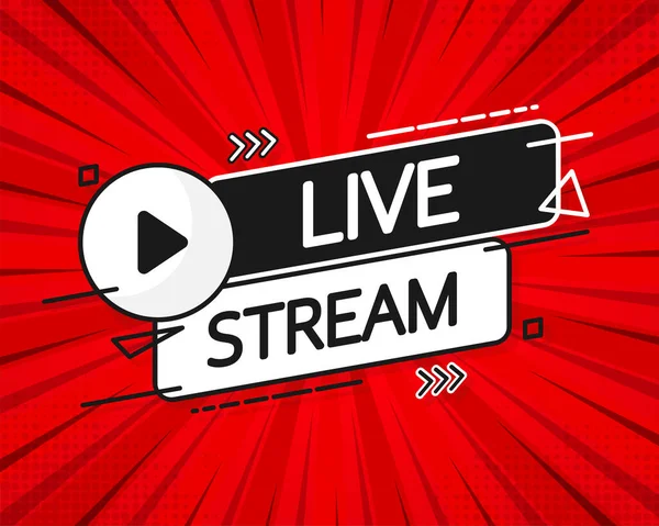 Live stream logo - κόκκινο διανυσματικό στοιχείο σχεδιασμού με κουμπί play για ειδήσεις και τηλεόραση ή online μετάδοση — Διανυσματικό Αρχείο