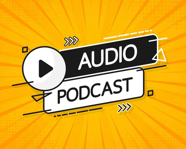 Ljud podcast banner, gul emblem etikett. Vektorillustration. — Stock vektor