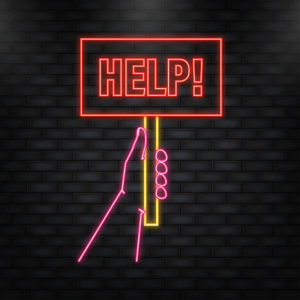 Neon Icon. Help placard hand, great design for any purposes. Background vector illustration. Web design — 스톡 벡터
