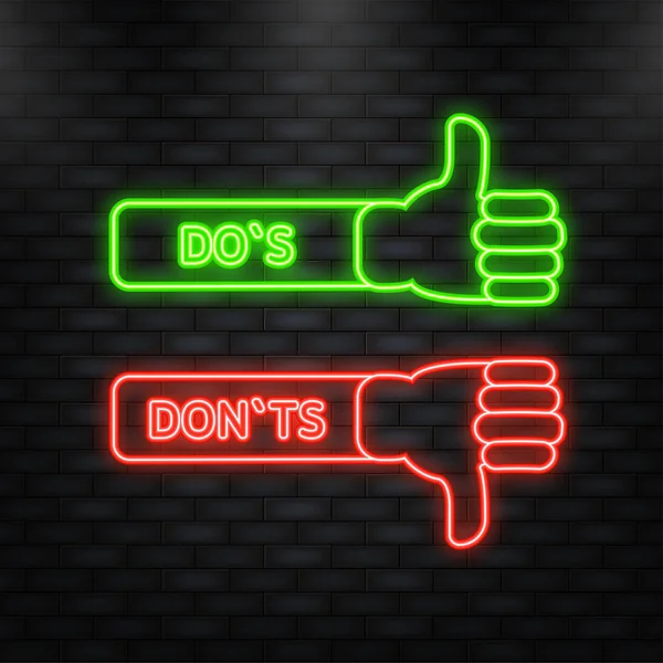 Neon Icon 。Dos和Donts横幅。批准和拒绝。积极反馈概念。扁平的横幅矢量说明 — 图库矢量图片