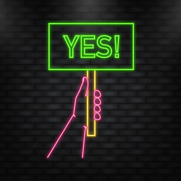 Neon Icon. Yes sign placard hand, great design for any purposes. Background vector illustration. Web design — 스톡 벡터