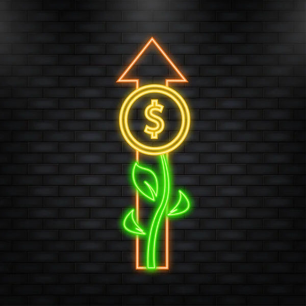 Neon Icon 。金融增长载体。平坦的绿色图标。商业金融投资。经济矢量设计 — 图库矢量图片
