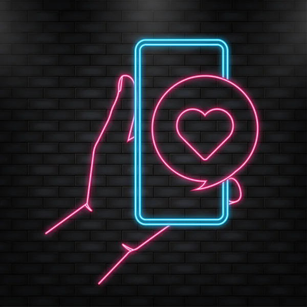 Neon-Ikone. Flache Hand mit wie Smartphone für Marketing-Design. Icon für mobiles App-Design. Mobiles Internet, soziale Medien — Stockvektor