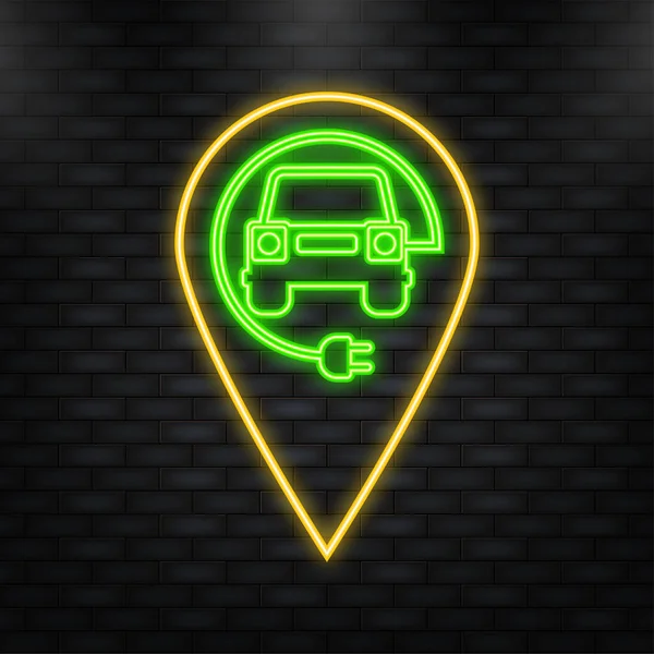 Neon Icoon. Elektrische auto en elektrische laadstation symbool op een witte achtergrond. Vectorillustratie — Stockvector