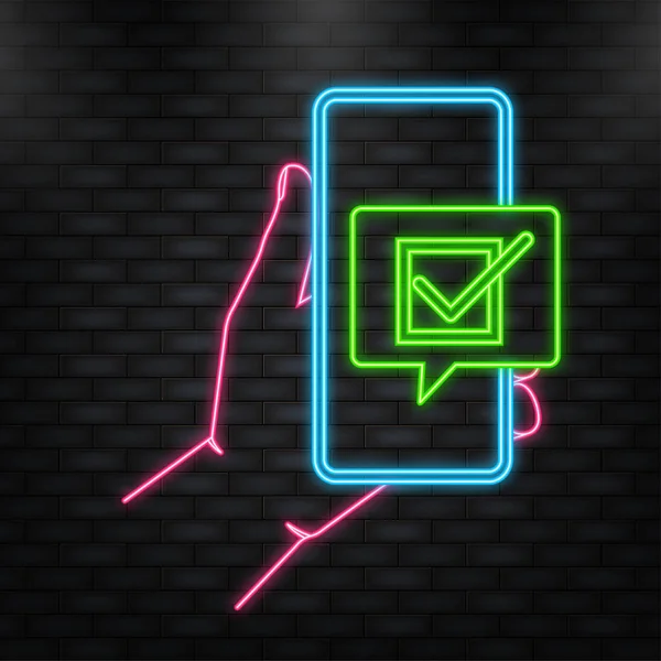 Neon Icon. Hand holds phone with check mark on screen on green background. Vector illustration — 스톡 벡터