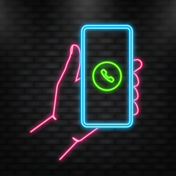 Neon Icon 。手持着手机，绿色背景的绿色屏幕上有来电。矢量说明 — 图库矢量图片