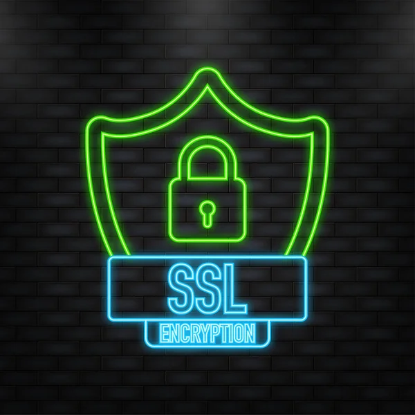 Neon Icon. SSL encryption secure badge on white background. Green banner. Vector illustration — ストックベクタ