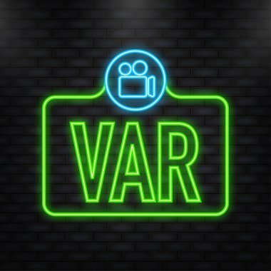 Neon Simgesi. Video Hakem Yardımcısı Vektör İllüstrasyonu. Bilgisayar ve Futbol Sahası İllüstrasyonlu Futbol, Futbol VAR Sistemi.