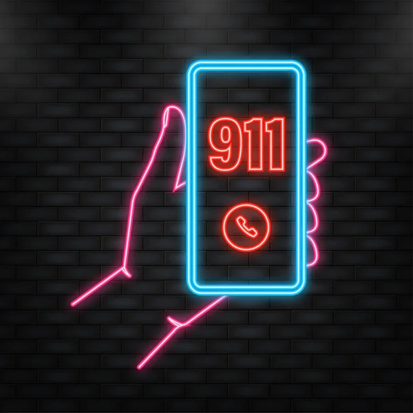 Neon Icoon. Telefoon, oproeppictogram, smartphone pictogram vector ontwerp. Smartphone hand 911 in platte stijl. Vectorachtergrond — Stockvector