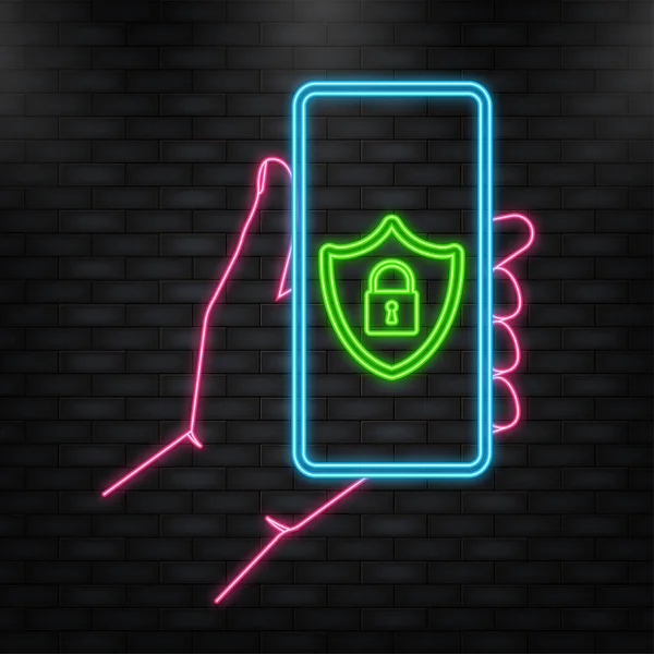 Neon Icon. Smartphone unlocked and password notification vector. Mobile phone security. — ストックベクタ