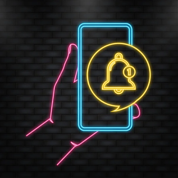 Neon Icon. Flat template with bell alert and smartphone on blue background for mobile app design. Application interface. Comment sign symbol. Vector illustration. — Vettoriale Stock