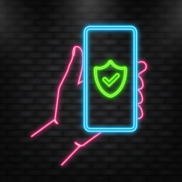 Neon Icon. Hand holds phone with secure sign on screen on green background. Vector illustration — ストックベクタ
