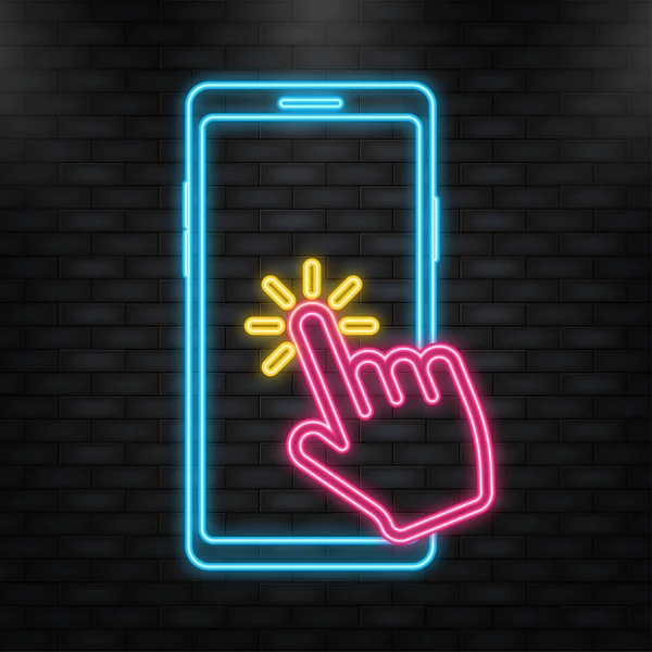 Neon Icon. Tap on smartphone. Communication icon symbol. Pointer icon symbol. Finger click. — Vettoriale Stock