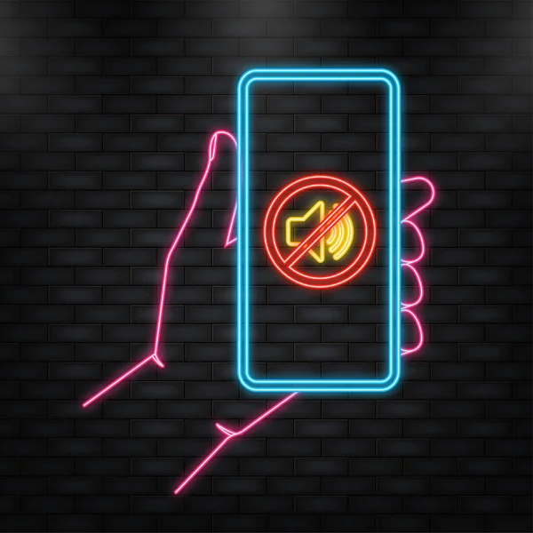 Neon Icon. Hand holds phone with no sound sign on screen on darck background. Vector illustration — Vettoriale Stock