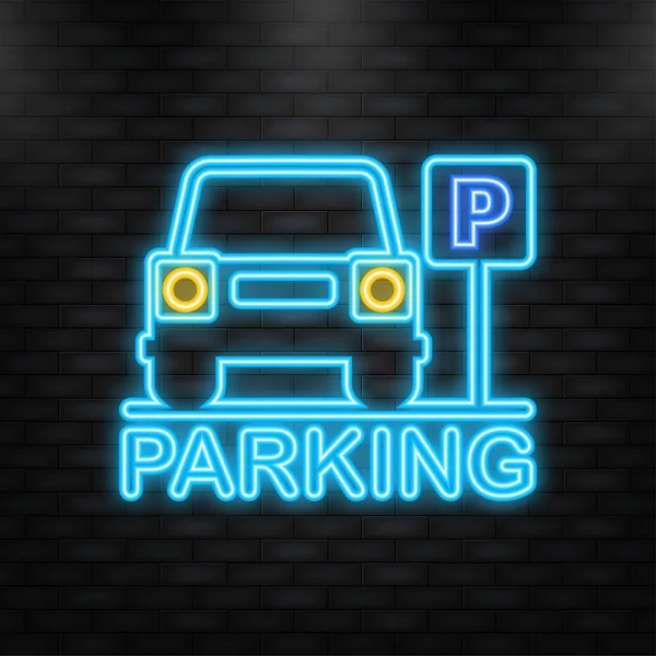 Icono de neón. Señal de estacionamiento aislado - Cartel azul con letra P aislada sobre fondo blanco — Vector de stock