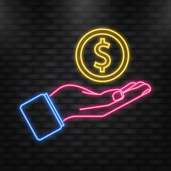 Neon Icon 。手里拿着一美元硬币。矢量线设置。金融增长载体。等距轮廓概念. — 图库矢量图片