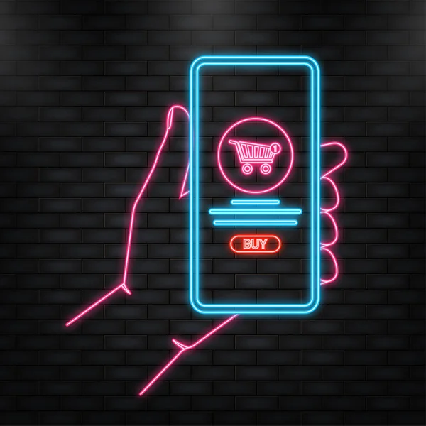 Neon Icoon. Smartphone met en scherm kopen. Concept online winkelen — Stockvector