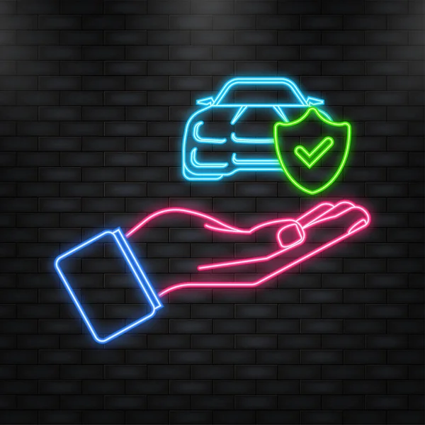 Neon Icon. Flat infographic. Car insurance icon on blue background. Flat isometric vector illustration. — ストックベクタ