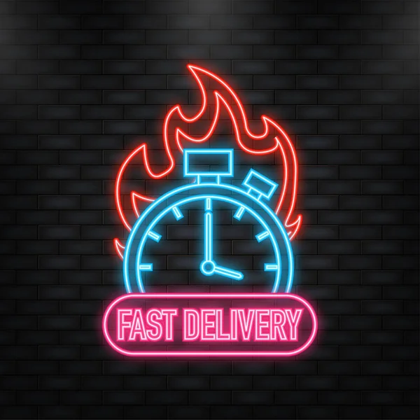 Neon Icon. Fast delivery service badge. Fast time delivery order with car on white background. Vector illustration — Vettoriale Stock
