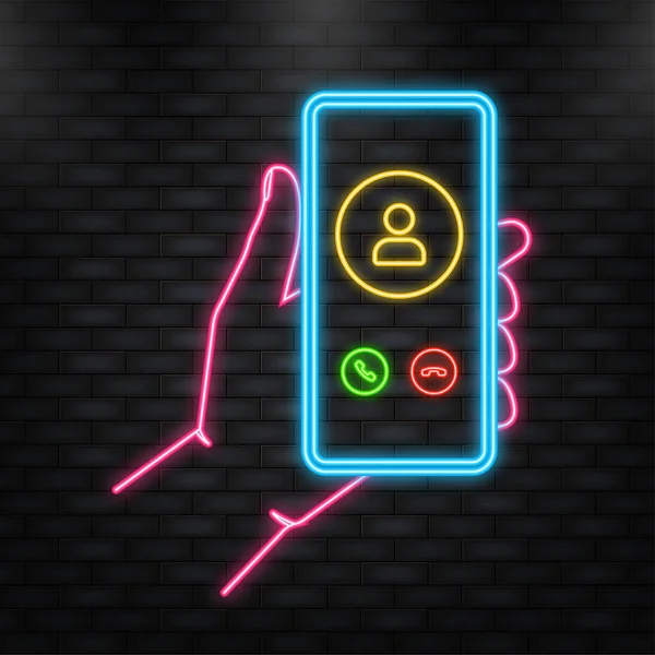 Neon-Ikone. Hand hält Telefon mit Anruf Eingehende Videoanrufe auf dem Bildschirm auf weißem Hintergrund. Vektorillustration — Stockvektor