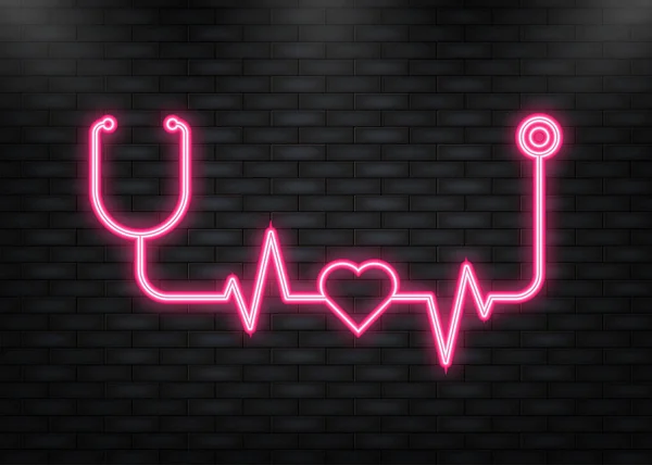 Neon-Ikone. Herz mit Pulsikone im flachen Stil isoliert. — Stockvektor