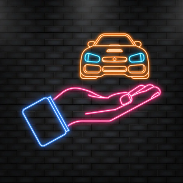 Neon Icon. Flat illustration with car in hand. Vector flat illustration. Document icon concept. Business vector icon — Vettoriale Stock