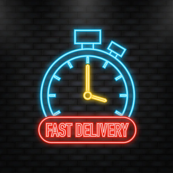 Icono de neón. Placa de servicio de entrega rápida. Pedido de entrega de tiempo rápido con coche sobre fondo blanco. Ilustración vectorial — Archivo Imágenes Vectoriales