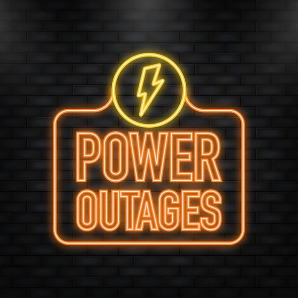 Neon Icon. Power outage symbol. Electricity symbol on yellow caution triangle with text — Image vectorielle
