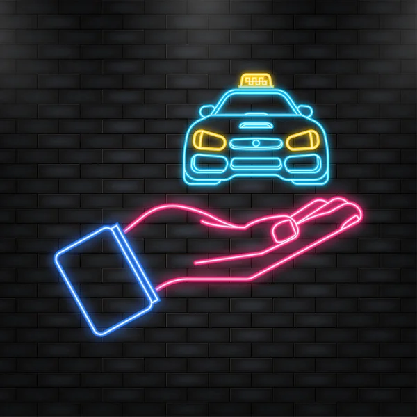 Neon Icon. 3d character taxi on light background. Cartoon yellow icon on black background. Business vector icon. Business concept. — Vettoriale Stock