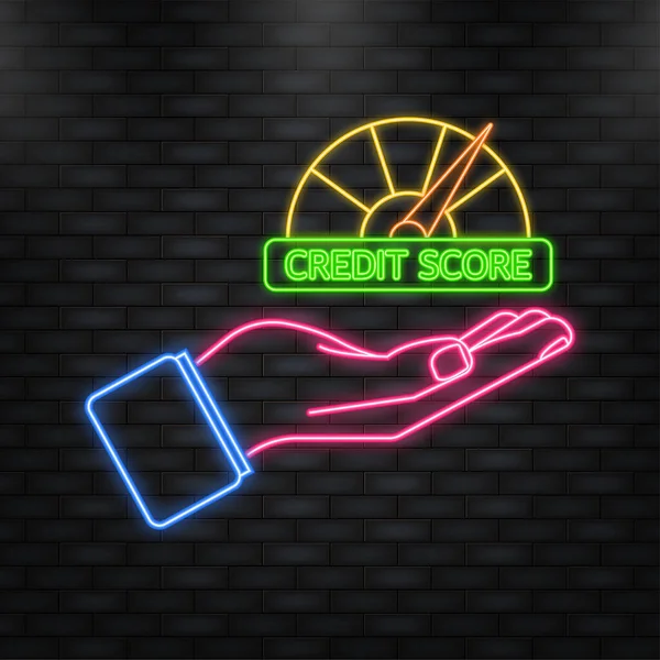 Neon Icon. Credit score speedometer in hand on white background. — Image vectorielle