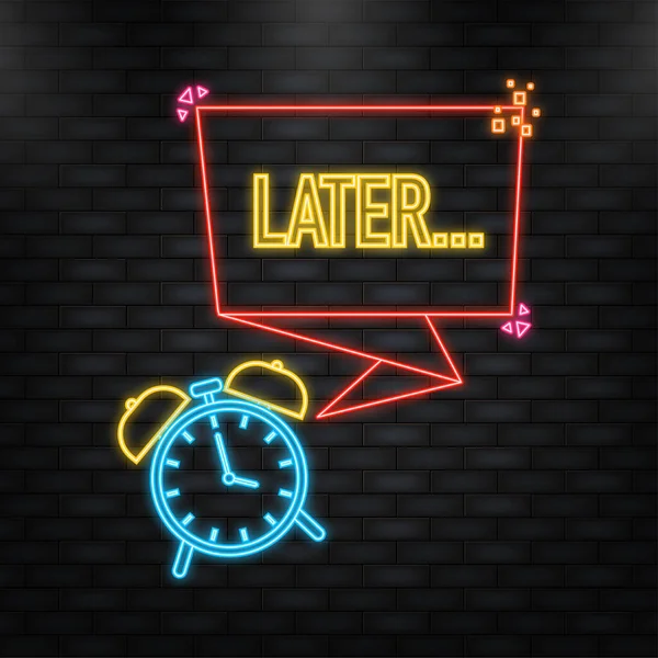 Neon Icon. Later alarm in flat style on white background. Flat cartoon vector illustration. Vintage, retro design. Countdown concept. Vintage style. — 스톡 벡터