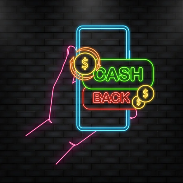 Icona al neon. Logo concetto di Cashback. Bandiera blu Cash back su sfondo bianco. — Vettoriale Stock