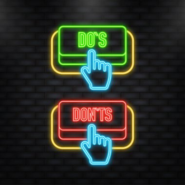 Neon Simgesi. Dos and Donts düğmesi. Onaylandı ve reddedildi. Pozitif geri bildirim konsepti. Üç boyutlu düz tuş. Vektör illüstrasyonu