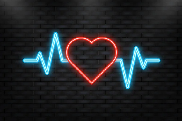 Icono de neón. Corazón rojo con símbolo de diagrama de latidos del corazón. — Vector de stock