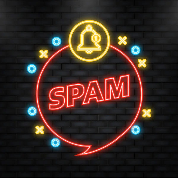 Neon Icoon. Spam bel notificatie mailbox concept. E-mail box hacken, spam waarschuwing — Stockvector