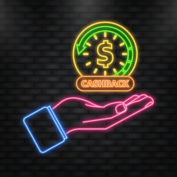 Neon Icon. Cartoon icon with cashback in hand. Editable illustration. Fast money concept. Editable stroke. — Vettoriale Stock