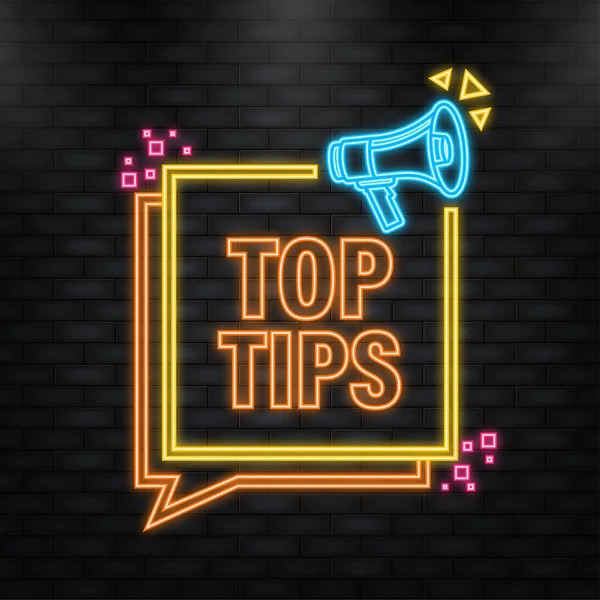 Neon-Ikone. Top Tips Megafon gelbes Banner im 3D-Stil auf weißem Hintergrund. Vektorillustration — Stockvektor