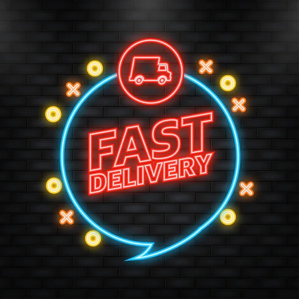 Neon Icon. Fast delivery service badge. Fast delivery order with car on white background. Vector illustration. — стоковый вектор