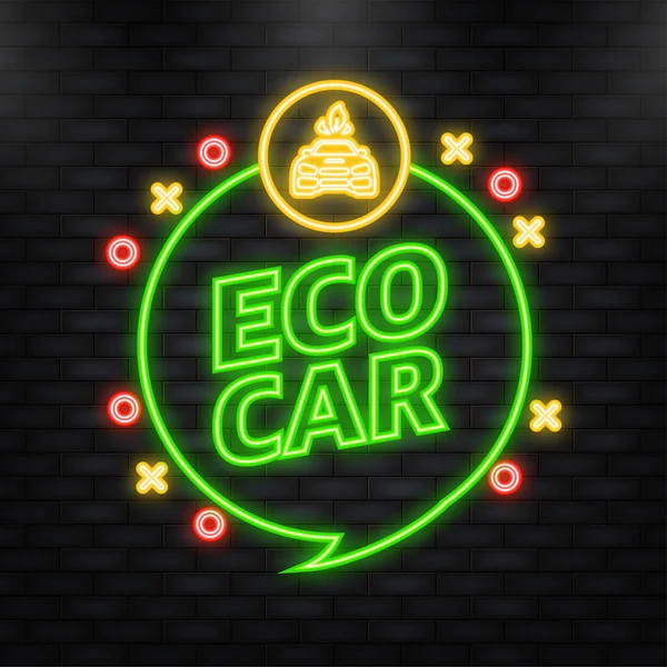 Neon Icon. Banner with green eco car. Ecology concept. Electric power. Eco-friendly transport concept — Vector de stock
